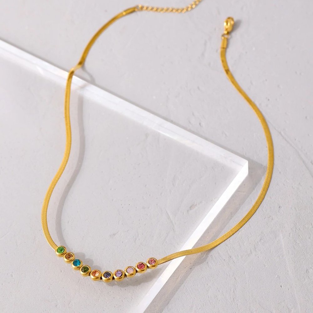 New 18K Gold Plated Multi Color Rainbow Colorful Gemstone Herringbone Necklace - Picture 4 of 7